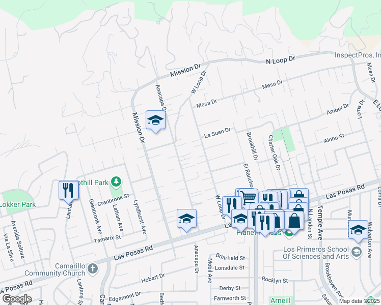 map of restaurants, bars, coffee shops, grocery stores, and more near 408 Anacapa Drive in Camarillo