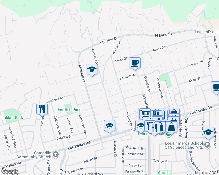 map of restaurants, bars, coffee shops, grocery stores, and more near 408 Anacapa Drive in Camarillo