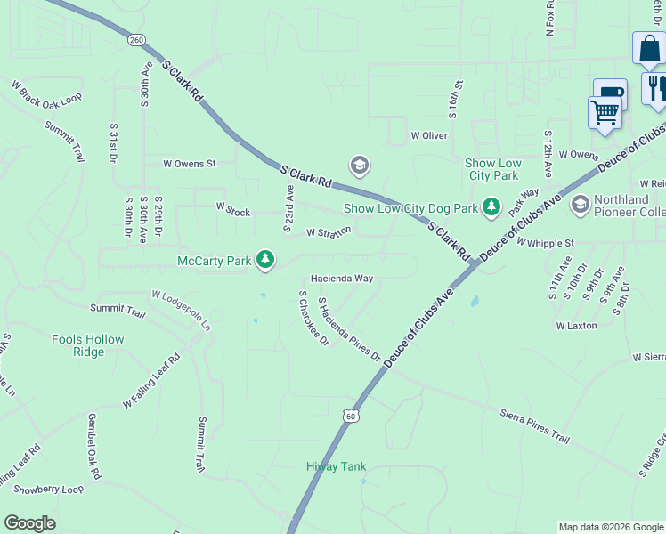 map of restaurants, bars, coffee shops, grocery stores, and more near 2181 Hacienda Way in Show Low