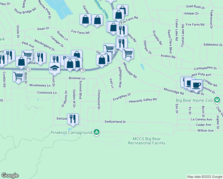 map of restaurants, bars, coffee shops, grocery stores, and more near 624 Vail Lane in Big Bear Lake