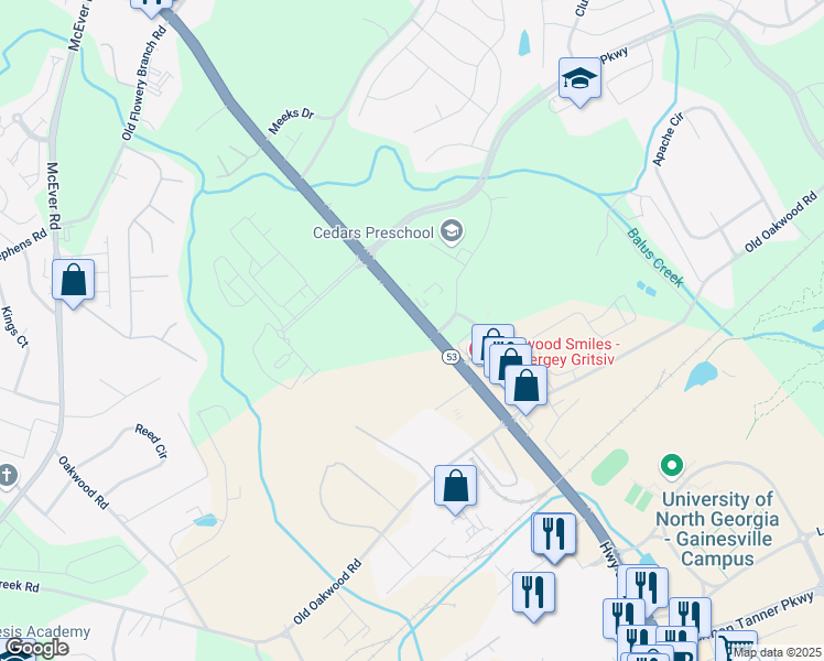map of restaurants, bars, coffee shops, grocery stores, and more near 4073 Mundy Mill Road in Oakwood