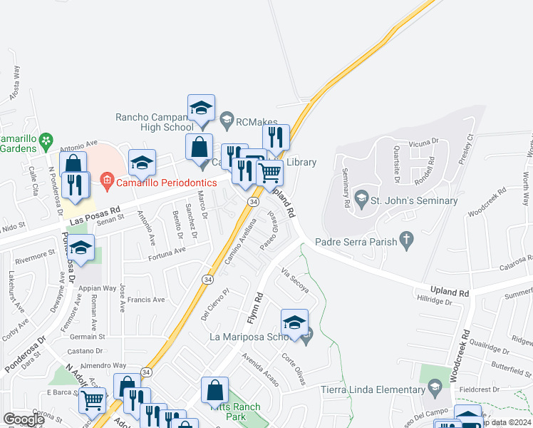 map of restaurants, bars, coffee shops, grocery stores, and more near 4548 Paseo Girasol in Camarillo