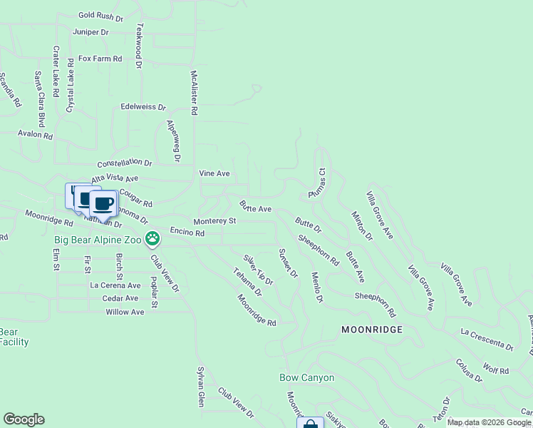 map of restaurants, bars, coffee shops, grocery stores, and more near 1011 Butte Avenue in Big Bear