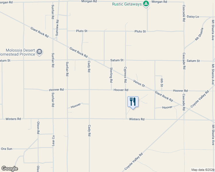 map of restaurants, bars, coffee shops, grocery stores, and more near 65154 Hoover Road in Joshua Tree
