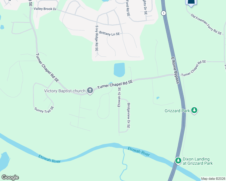 map of restaurants, bars, coffee shops, grocery stores, and more near 6 Etowah Drive Southeast in Rome