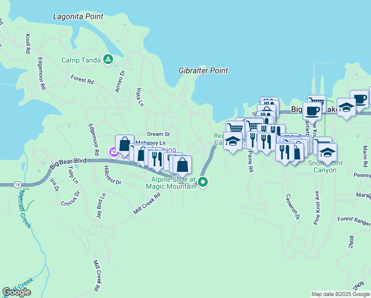 map of restaurants, bars, coffee shops, grocery stores, and more near 636 Talmadge Road in Big Bear Lake