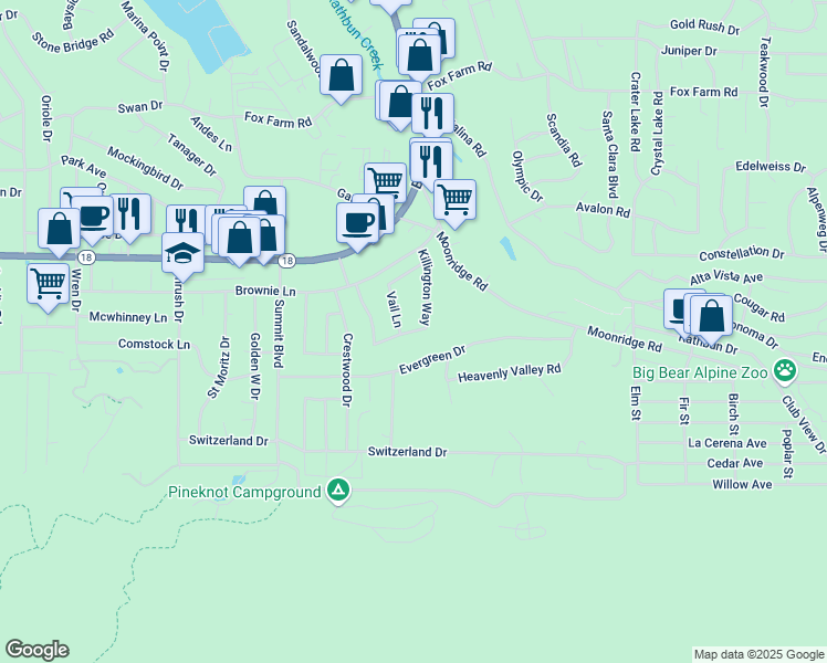 map of restaurants, bars, coffee shops, grocery stores, and more near 42136 Evergreen Drive in Big Bear Lake