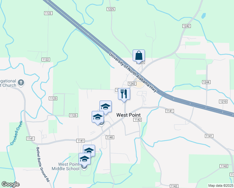 map of restaurants, bars, coffee shops, grocery stores, and more near 165 County Road 1242 in Vinemont