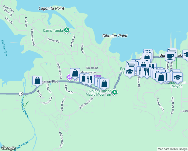 map of restaurants, bars, coffee shops, grocery stores, and more near Esterly Lane in Big Bear Lake