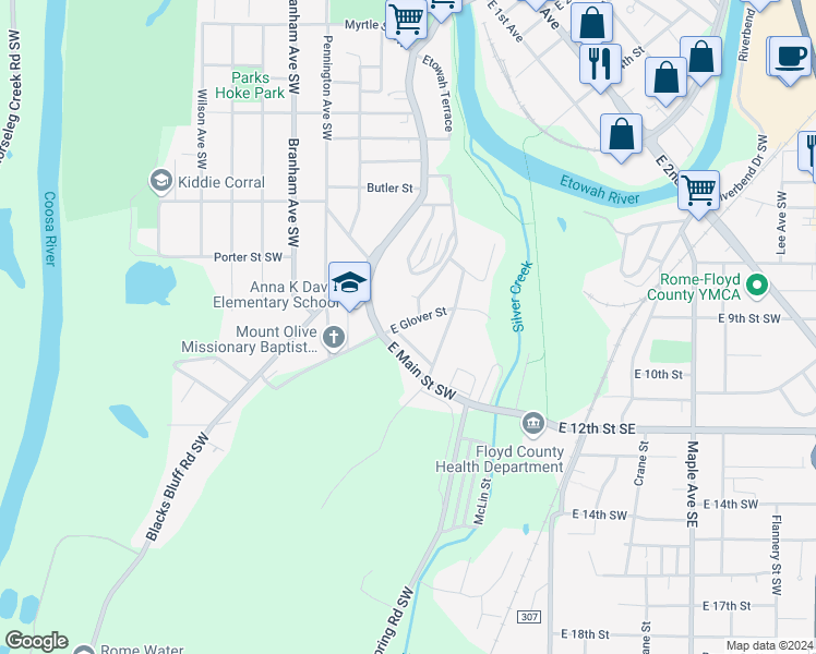 map of restaurants, bars, coffee shops, grocery stores, and more near 8 East Glover Street in Rome