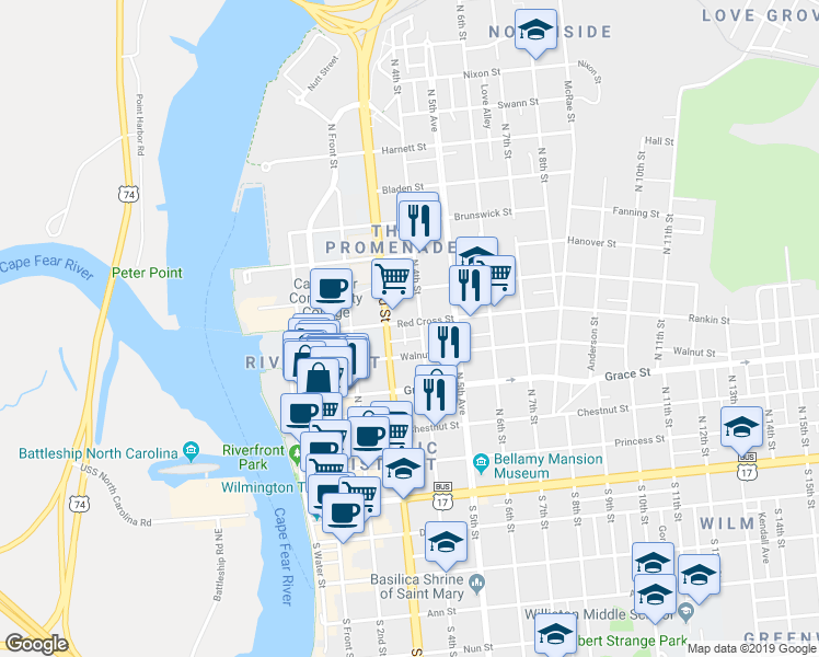 map of restaurants, bars, coffee shops, grocery stores, and more near 316 Red Cross Street in Wilmington