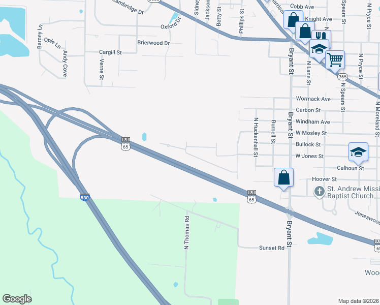 map of restaurants, bars, coffee shops, grocery stores, and more near 6510 Calhoun Street in Pine Bluff