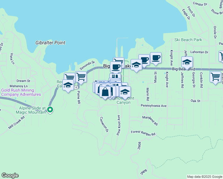 map of restaurants, bars, coffee shops, grocery stores, and more near 630 Bartlett Road in Big Bear Lake