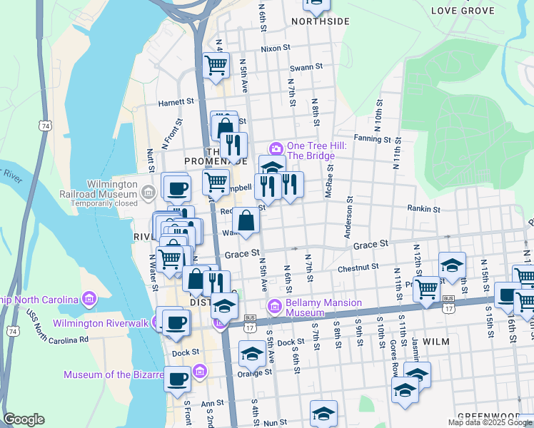 map of restaurants, bars, coffee shops, grocery stores, and more near 513 Walnut Street in Wilmington
