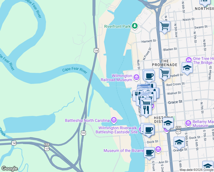 map of restaurants, bars, coffee shops, grocery stores, and more near 101 USS North Carolina Road in Wilmington