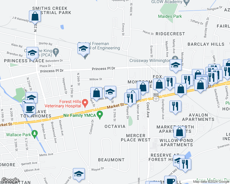 map of restaurants, bars, coffee shops, grocery stores, and more near 20 North 29th Street in Wilmington