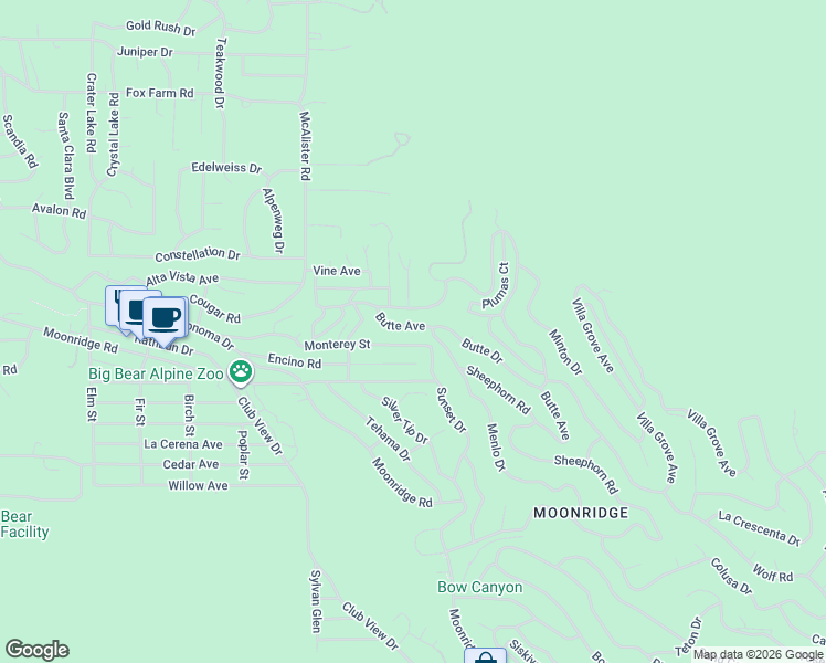 map of restaurants, bars, coffee shops, grocery stores, and more near 1011 Butte Avenue in Big Bear