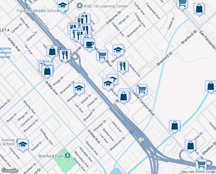 map of restaurants, bars, coffee shops, grocery stores, and more near 13001 Bracken Street in Los Angeles