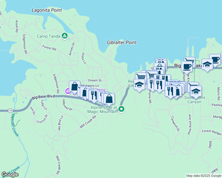 map of restaurants, bars, coffee shops, grocery stores, and more near 636 Talmadge Road in Big Bear Lake