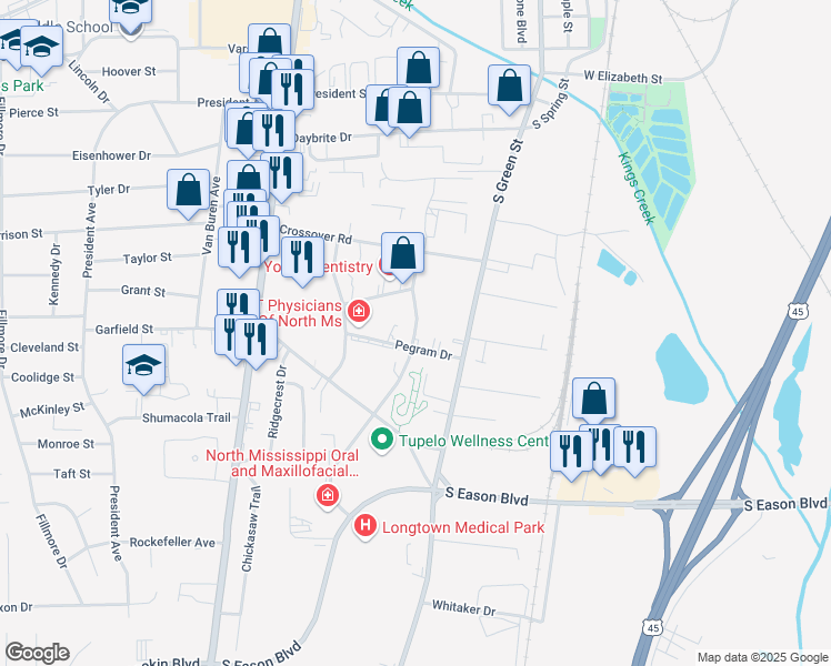 map of restaurants, bars, coffee shops, grocery stores, and more near 860 South Madison Street in Tupelo