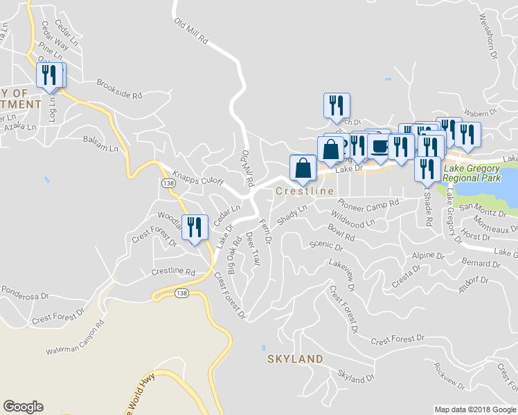 map of restaurants, bars, coffee shops, grocery stores, and more near 23581 Lake Drive in Crestline