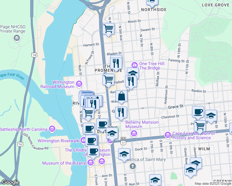 map of restaurants, bars, coffee shops, grocery stores, and more near 320 Red Cross Street in Wilmington