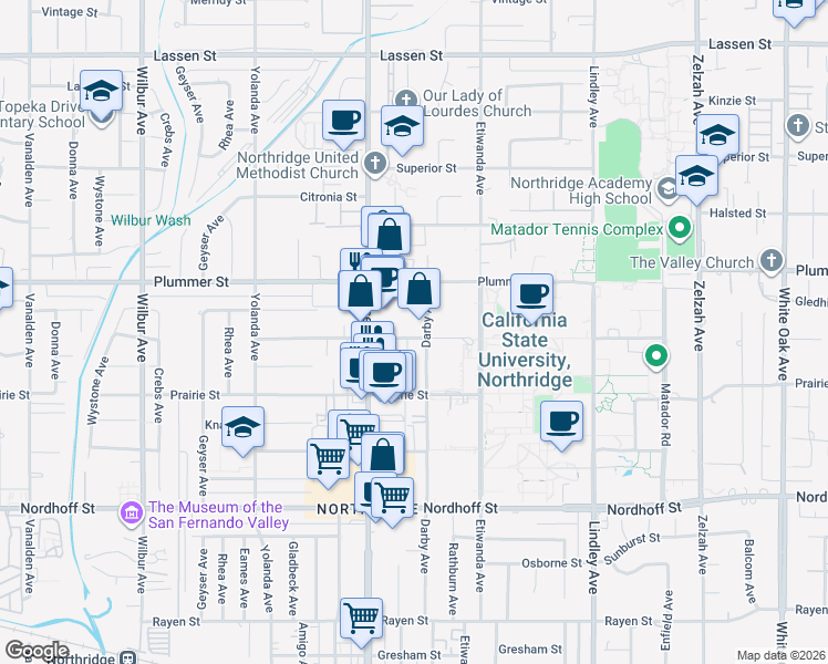map of restaurants, bars, coffee shops, grocery stores, and more near 18411 Vincennes Street in Los Angeles