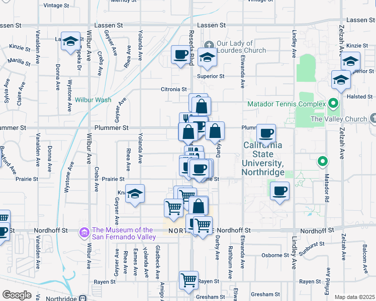 map of restaurants, bars, coffee shops, grocery stores, and more near 9353 Reseda Boulevard in Los Angeles
