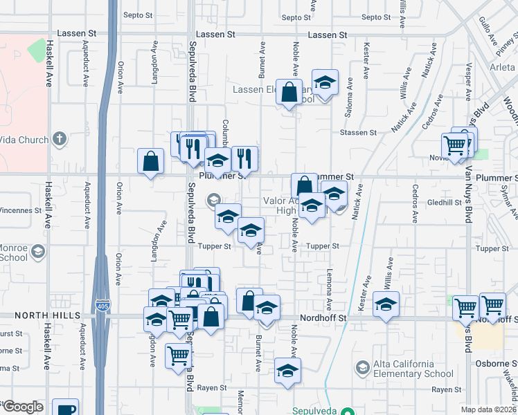 map of restaurants, bars, coffee shops, grocery stores, and more near 8800 Burnet Avenue in Los Angeles
