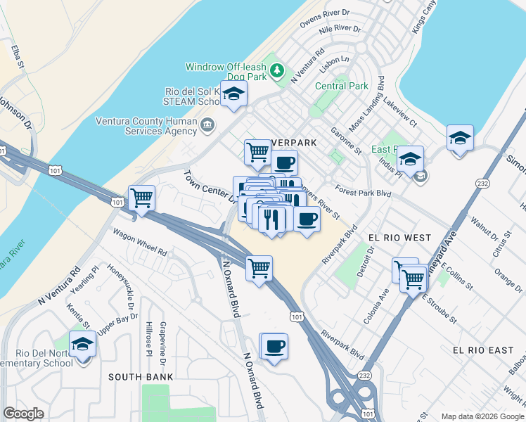 map of restaurants, bars, coffee shops, grocery stores, and more near 2750 Portico Way in Oxnard