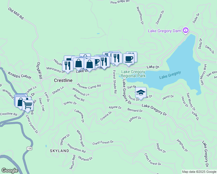 map of restaurants, bars, coffee shops, grocery stores, and more near 24032 Wildwood Lane in Crestline