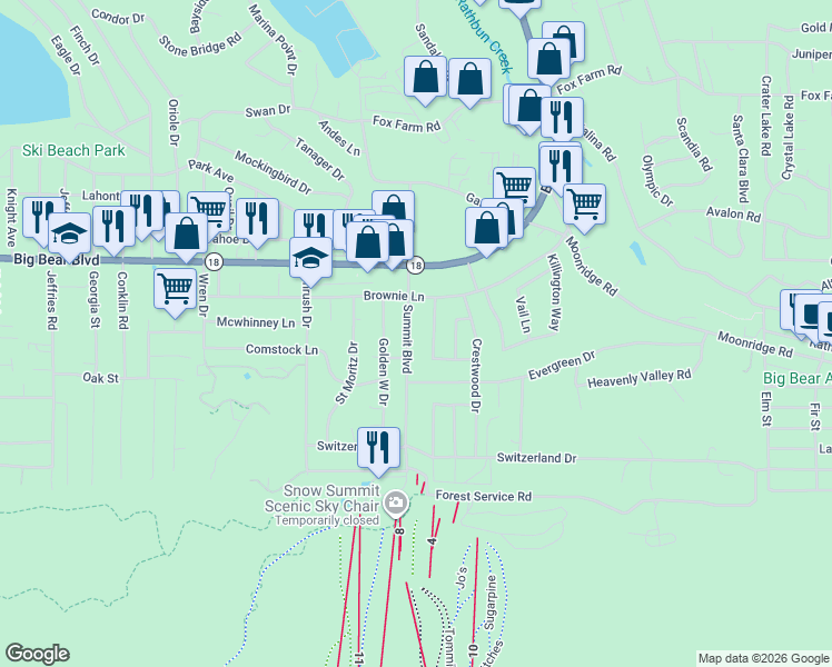 map of restaurants, bars, coffee shops, grocery stores, and more near 658 Ponderosa Drive in Big Bear Lake