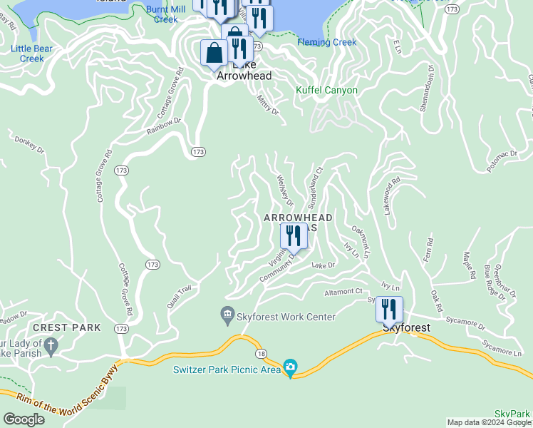 map of restaurants, bars, coffee shops, grocery stores, and more near 678 East Victoria Court in Lake Arrowhead