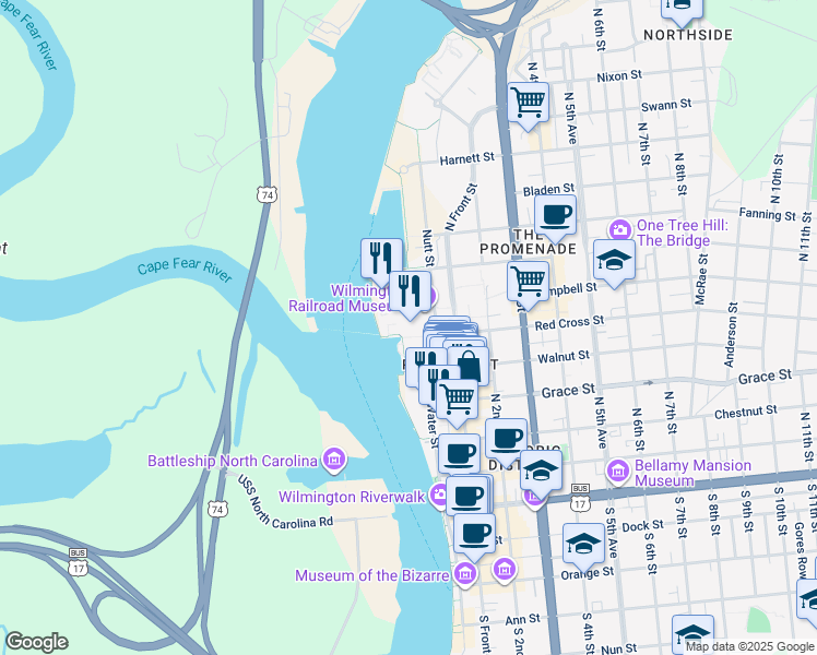 map of restaurants, bars, coffee shops, grocery stores, and more near 501 Nutt Street in Wilmington