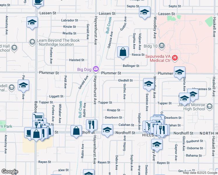 map of restaurants, bars, coffee shops, grocery stores, and more near 9365 Odessa Avenue in Los Angeles