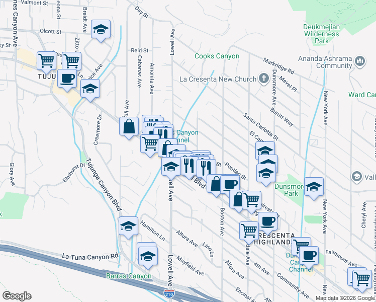 map of restaurants, bars, coffee shops, grocery stores, and more near 3935 Vista Court in Glendale