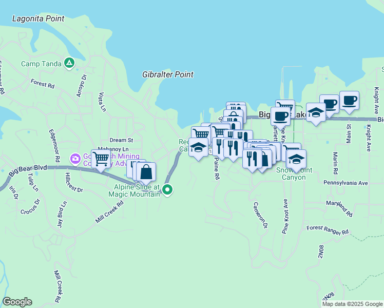 map of restaurants, bars, coffee shops, grocery stores, and more near 40451 Big Bear Boulevard in Big Bear Lake