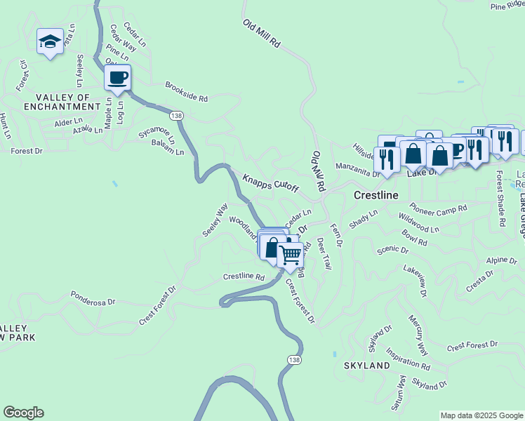 map of restaurants, bars, coffee shops, grocery stores, and more near 709 California 138 in Crestline