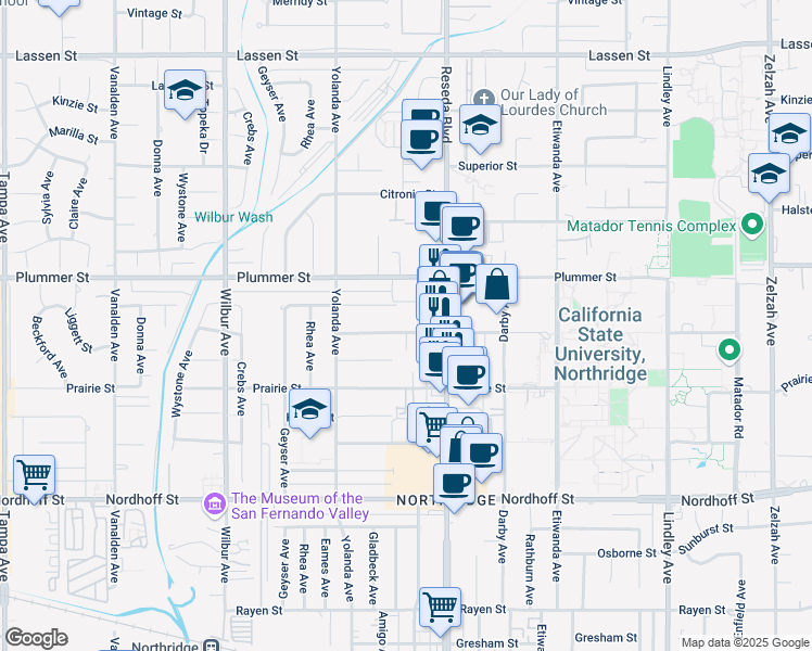 map of restaurants, bars, coffee shops, grocery stores, and more near 18540 Vincennes Street in Los Angeles
