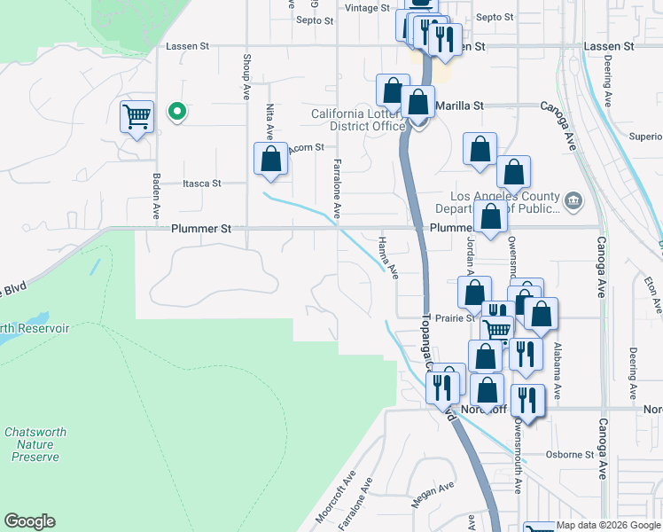 map of restaurants, bars, coffee shops, grocery stores, and more near 9403 Farralone Avenue in Los Angeles