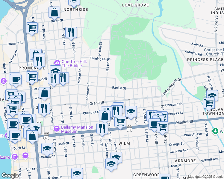 map of restaurants, bars, coffee shops, grocery stores, and more near 1101 Walnut Street in Wilmington