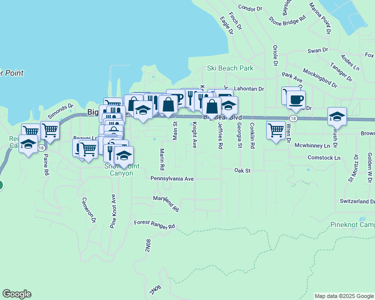 map of restaurants, bars, coffee shops, grocery stores, and more near 629 Merced Avenue in Big Bear Lake