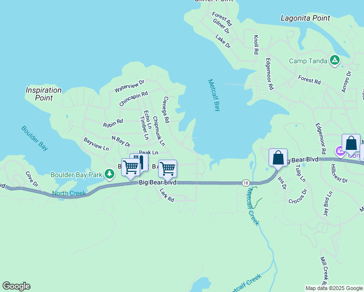 map of restaurants, bars, coffee shops, grocery stores, and more near Cienega Road in Big Bear Lake