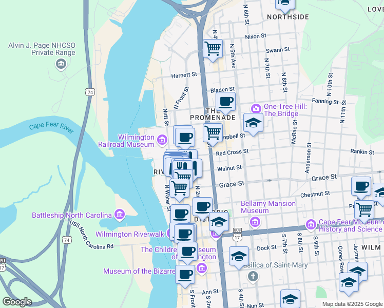 map of restaurants, bars, coffee shops, grocery stores, and more near in Wilmington