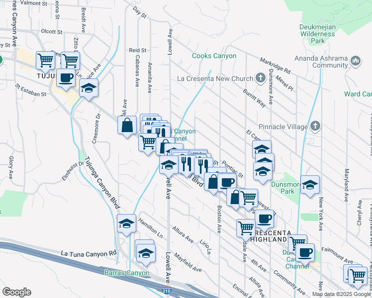 map of restaurants, bars, coffee shops, grocery stores, and more near 3935 Vista Court in Glendale