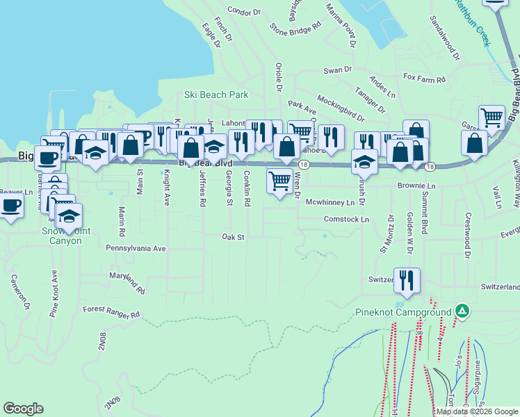 map of restaurants, bars, coffee shops, grocery stores, and more near 628 Eureka Drive in Big Bear Lake