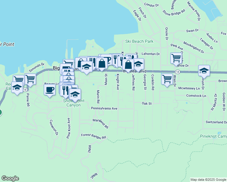 map of restaurants, bars, coffee shops, grocery stores, and more near 629 Merced Avenue in Big Bear Lake