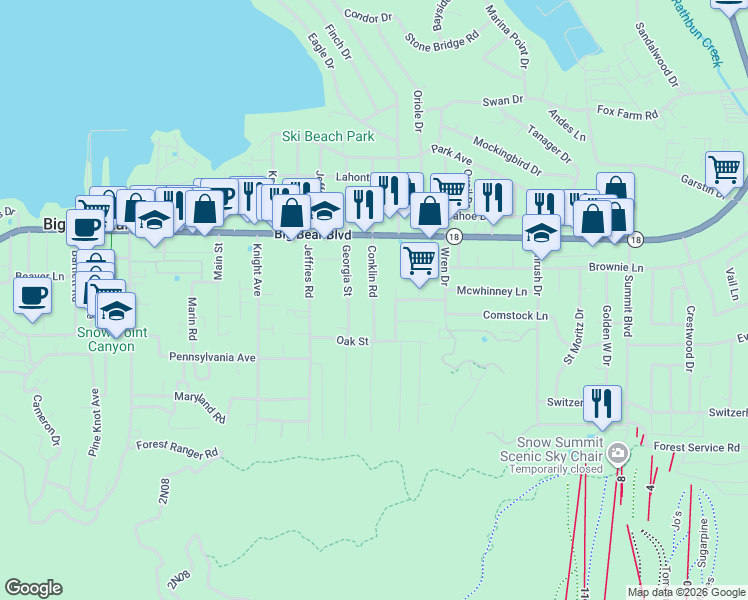 map of restaurants, bars, coffee shops, grocery stores, and more near 668 Conklin Road in Big Bear Lake