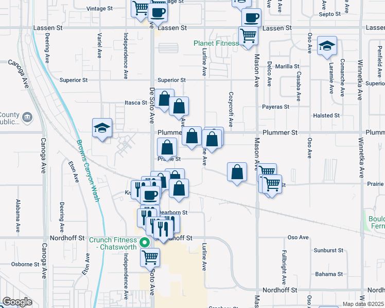 map of restaurants, bars, coffee shops, grocery stores, and more near 20730 Prairie Street in Los Angeles