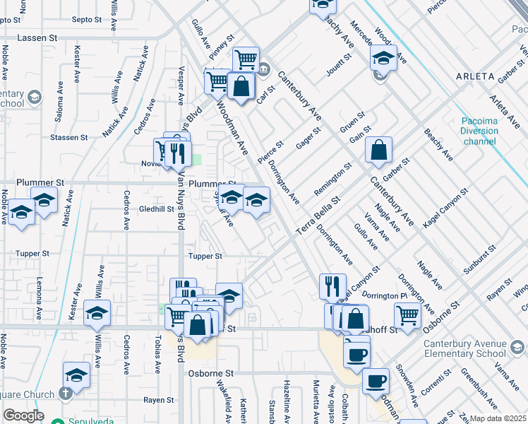 map of restaurants, bars, coffee shops, grocery stores, and more near 9391 Woodman Avenue in Los Angeles